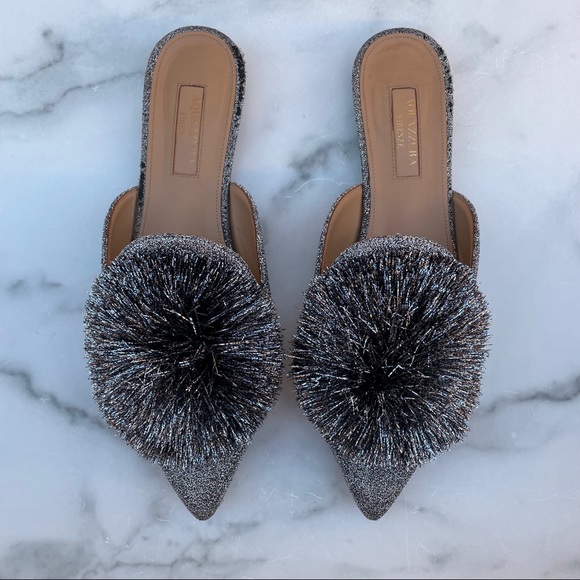 Aquazzura Powder Puff Pompom metallic silver lurex flat mules slippers size 36 - Picture 10 of 16